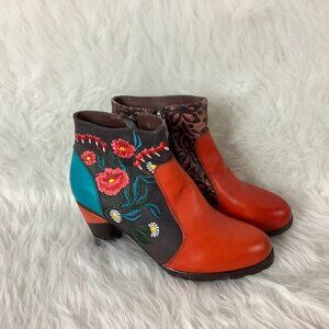Socofy Floral Embroidered Orange, Blue, Black leather Ankle Boots EU 36 US 6